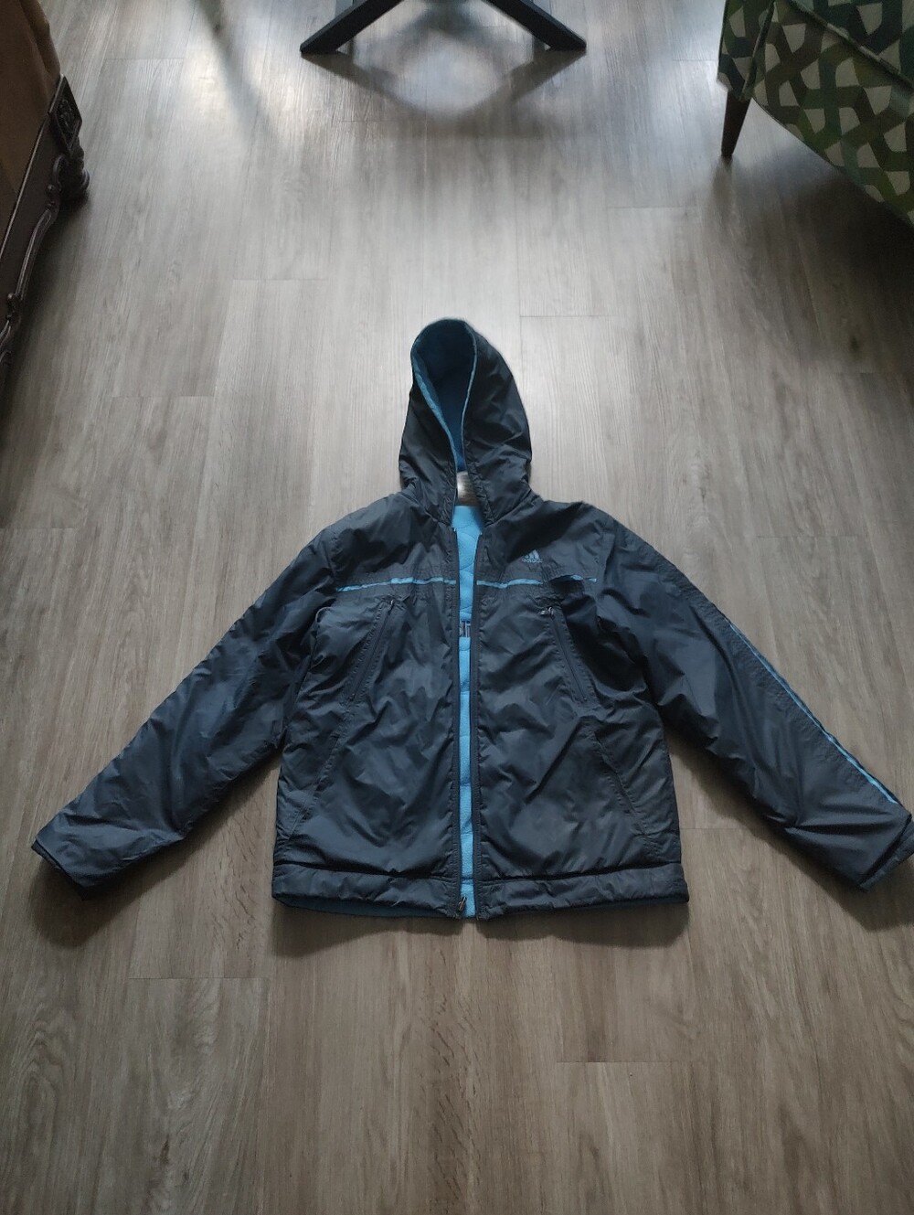 Adidas Hooded Jacket/Coat in Navy with Light Blue Trim